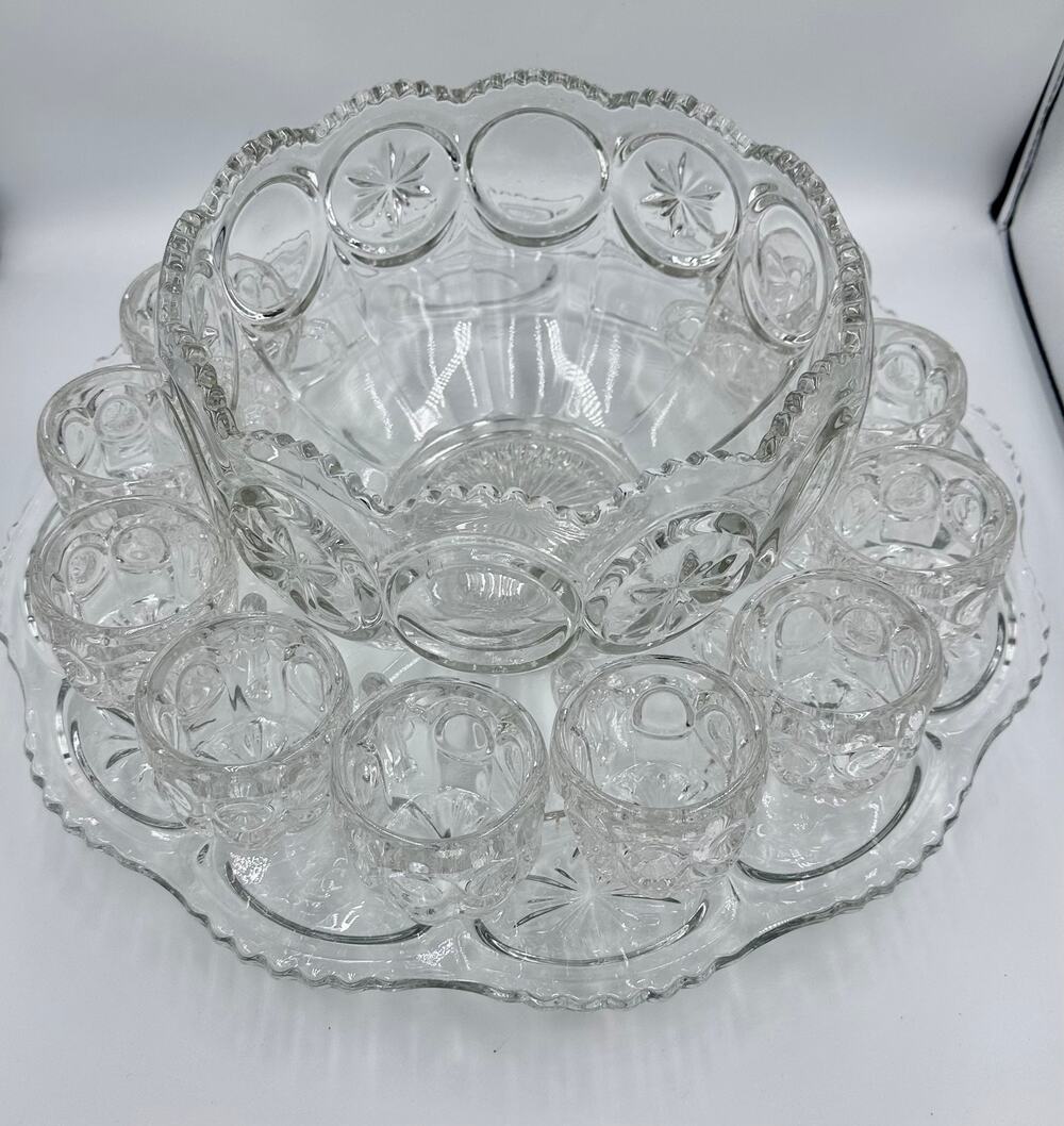 Tiffin-Franciscan L.E Smith Moon & Stars Punch Bowl, Large Under Plate & 10 Cups